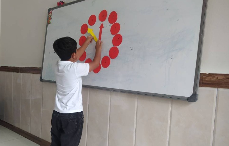 آشنایی و تثبیت ساعت، باهدف آشنایی با مفاهیم ساعت و تشخیص عقربه های ساعت و دقیقه با بازی در کلاس اجرا 2