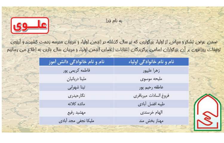 اسامی برگزیدگان انتخابات اعضای انجمن ا‌ولیا و مربیان