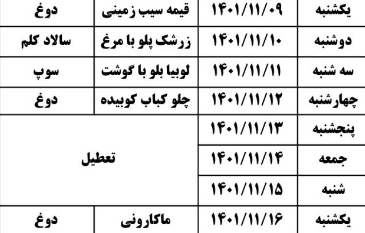 اصلاحیه منو ناهار بهمن ماه 1401 2