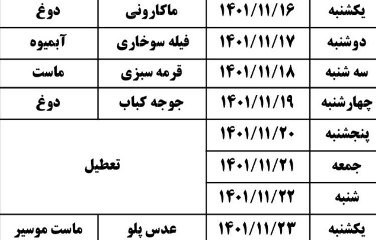 اصلاحیه منو ناهار بهمن ماه 1401 3