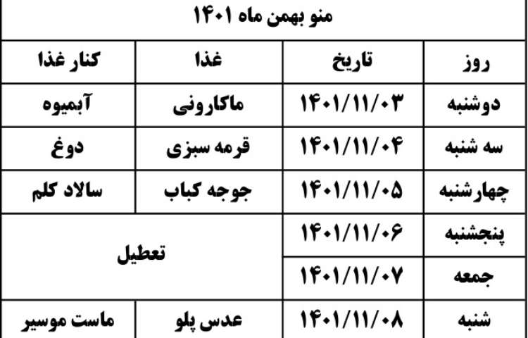 اصلاحیه منو ناهار بهمن ماه 1401