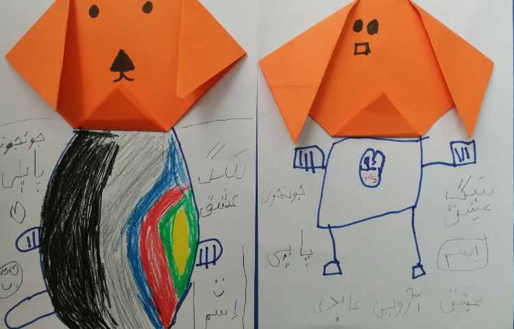 اوریگامی سر سگ و کلاژ روی برگه و کشیدن بدنش با مدادرنگی 7