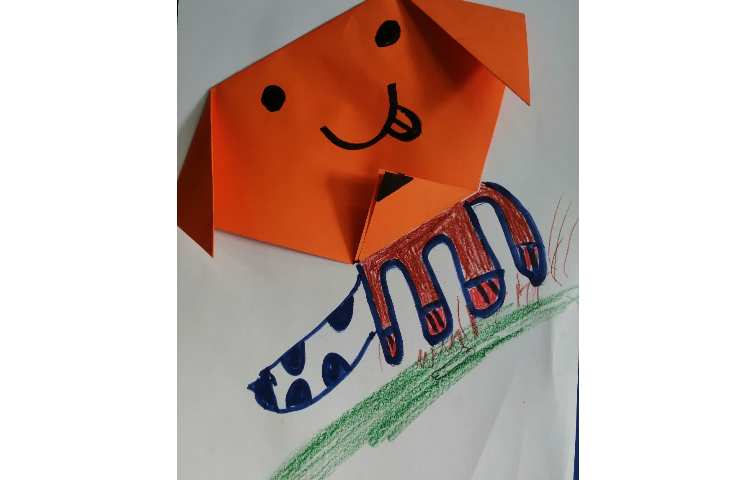 اوریگامی سر سگ و کلاژ روی برگه و کشیدن بدنش با مدادرنگی 8