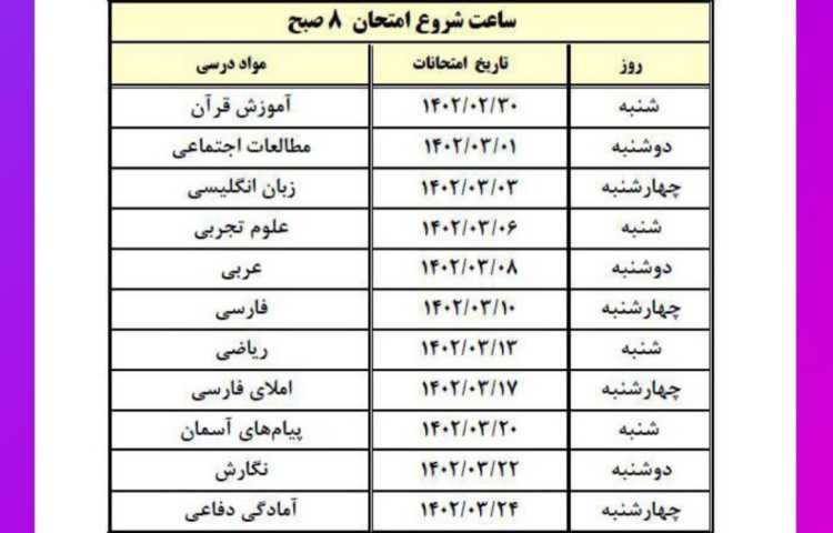برنامه امتحانات نهایی دانش آموزان پایه نهم