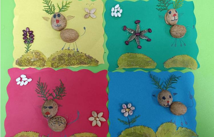 به صورت گروهی با پوست گردو و برگ‌ها طبق الگو تابلو درست کردند 3