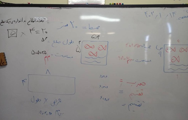:ریاضی، فعالیت کلاسی، تلفیقی _ مروری محیط و مساحت و جدول ضرب 1