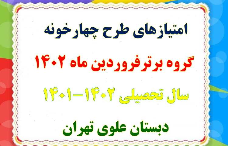 مجموع امتیازهای طرح چهارخونه فروردین ماه دبستان علوی 1