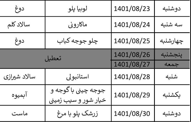 منوی غذای آبان ماه 1401 4