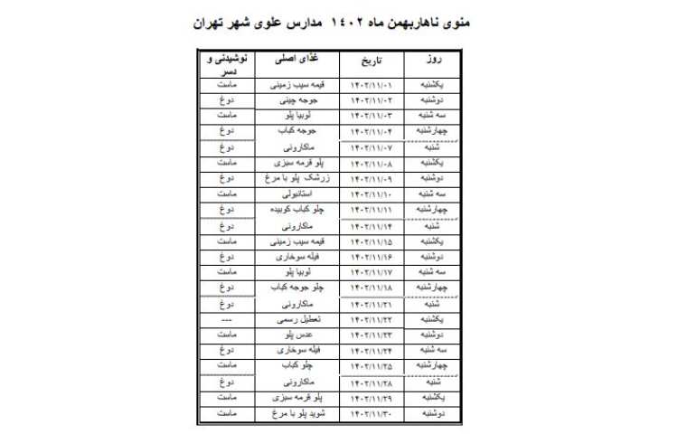 منوی ناهار بهمن ماه مدارس علوی 2