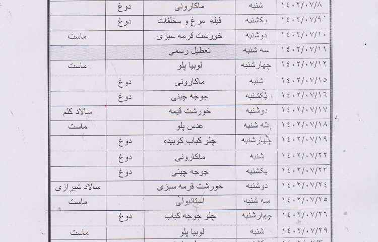 منوی ناهار در ماه مهر