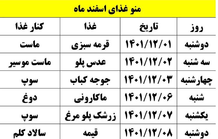 منو ناهار اسفند ماه دبستان علوی