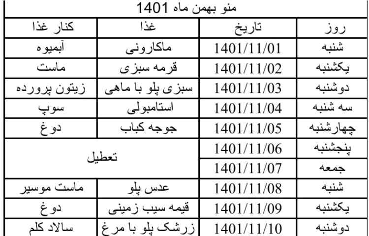 منو ناهار بهمن ماه 1401 1