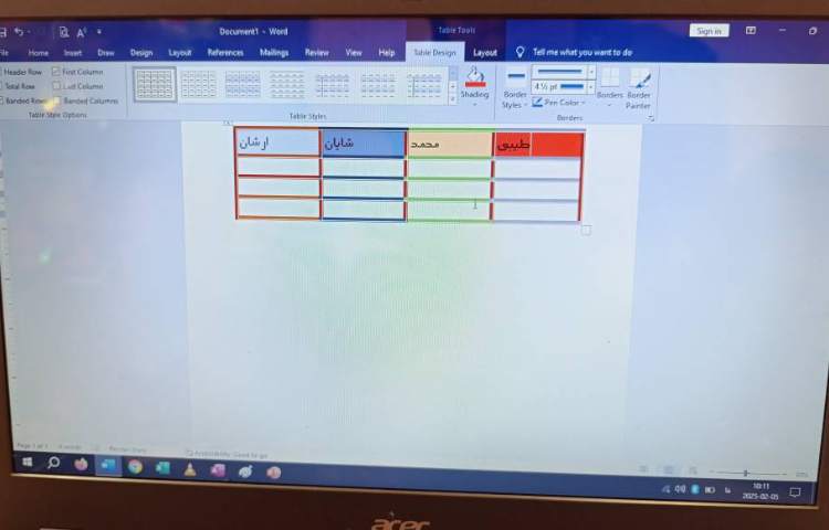 نحوه اضافه کردن جدول و تغییرات ظاهری آن در نرم افزار ورد 1