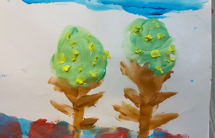 :هنر و خلاقیت، نقاشی درخت بهاری با رنگ انگشتی 6