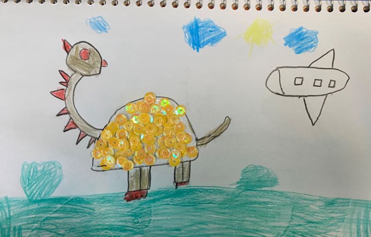 :کاردستی با پولک برای پوشش بدن دایناسور 4