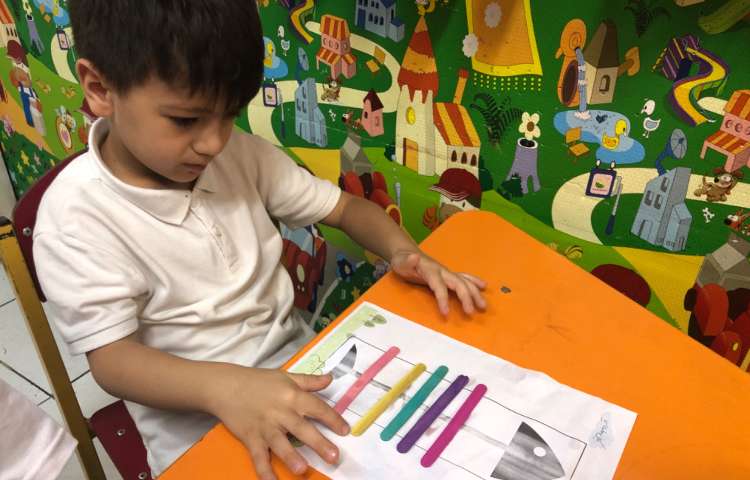کلاس هوش: دانش‌اموزان چوب بستنی‌ها را با توجه به الگو داده شده در جهت شناخت رنگ‌ها چسباندند. 3